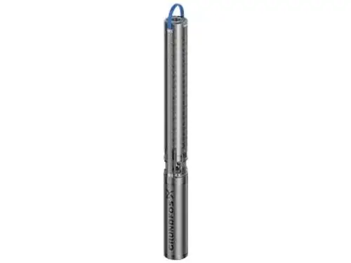 Grundfos Unterwasserpumpe mit einer schlanken, zylindrischen Bauform in Edelstahloptik, geeignet für den Einsatz in Brunnen.